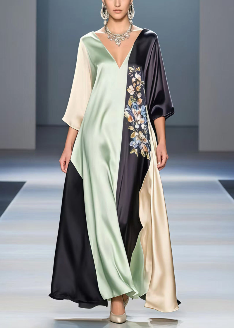 Multicolour V Neck Patchwork Print Silk Party Dress Summer