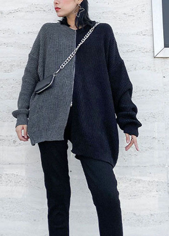 Simple Grey Side Open Zip Up Patchwork Knit Sweater Spring