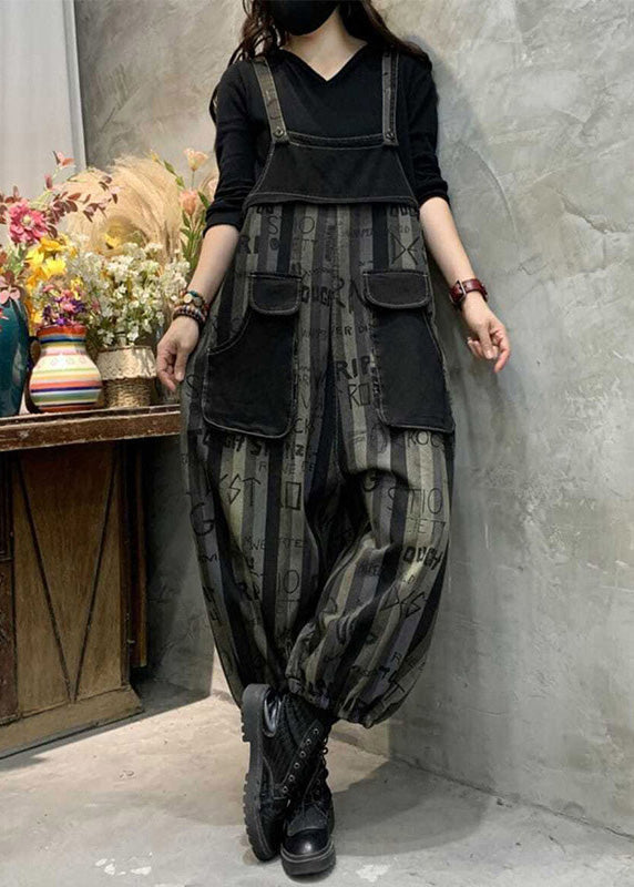 Black Graphic Print Striped Button Denim Jumpsuits Spring