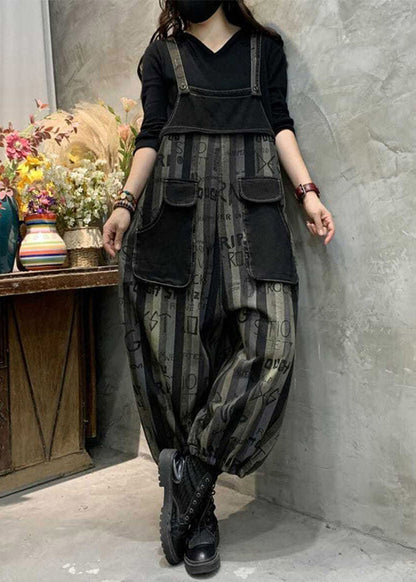 Black Graphic Print Striped Button Denim Jumpsuits Spring