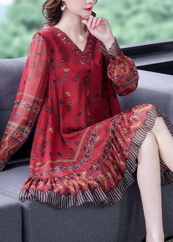Modern Red V Neck Patchwork Ruffles Print Silk Dresses Long Sleeve Fall