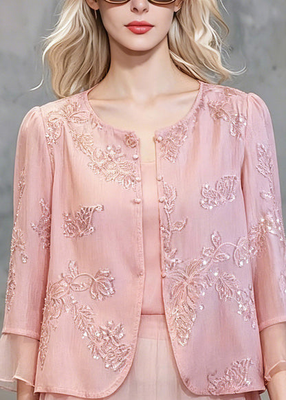 Pink Patchwork Button Fake Two-piece Chiffon Shirt Three Quarter Sleeve