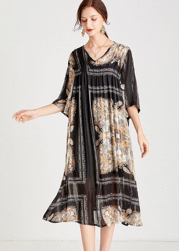 Classy Black Apricot V Neck Print Fall Chiffon Party Dresses Half Sleeve
