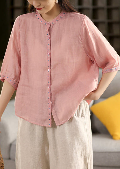 Pink Button Linen Blouse Embroidered Summer