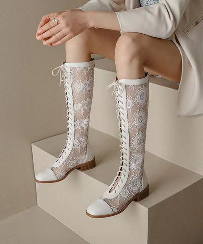 White Hollow Out Lace Up Chunky Boots