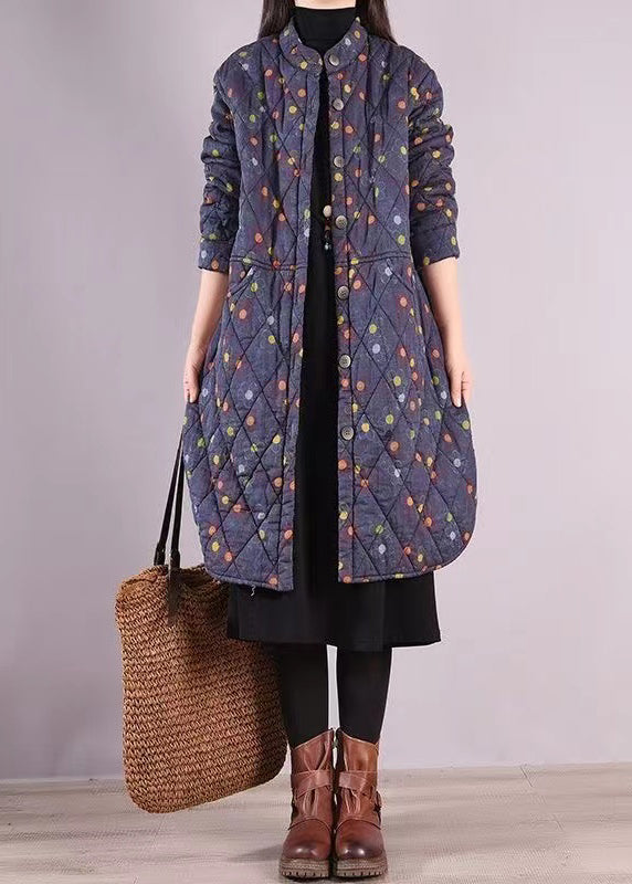 Blue Stand Collar Pockets Patchwork Fine Cotton Filled Coat Winter
