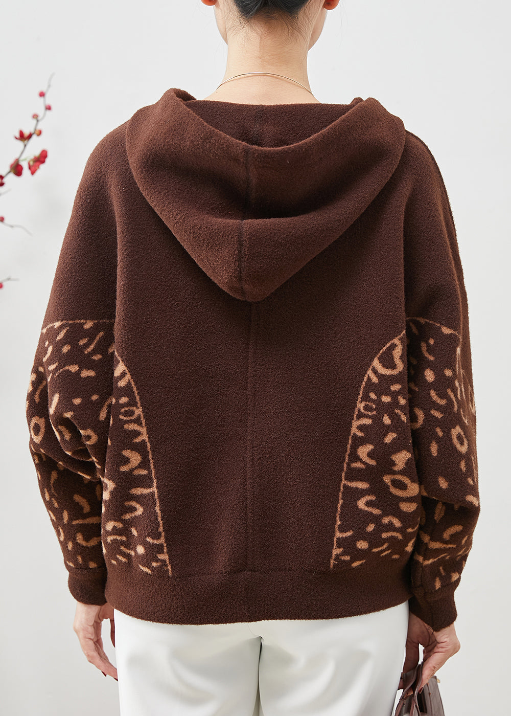 Brown Hooded Print Woolen Coat Spring