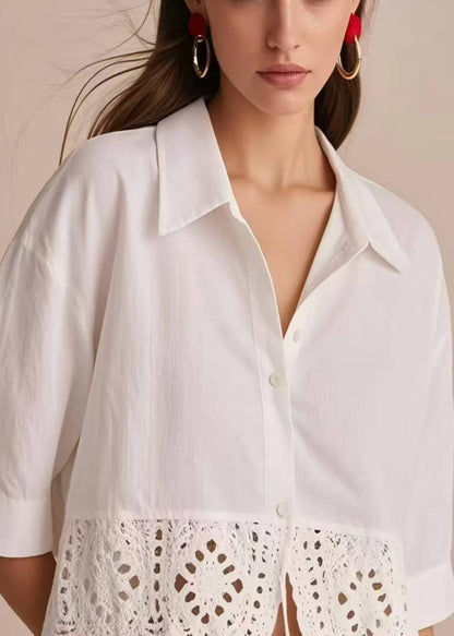 Style White Peter Pan Collar Patchwork Lace Tops Half Sleeve