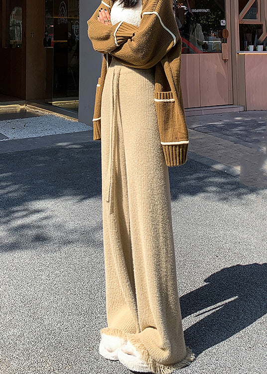 Khaki Elastic Waist Mink Hair Knitted Flare Bottoms Tasseled