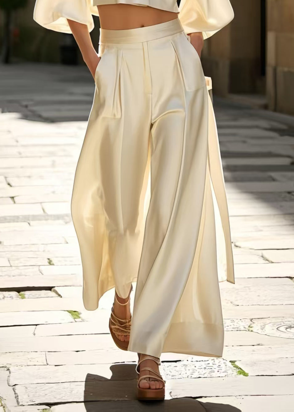 French Milk White Draping Ice Silk 2 Piece Outfit Spring