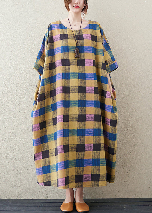Yellow Plaid O Neck Print Cotton Long Dress Half Sleeve