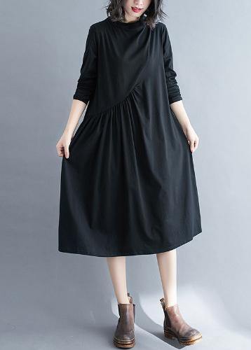 O Neck Wrinkled Spring Tunics Outfits Black Maxi Dress