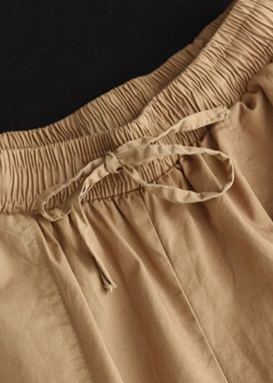 Khaki Pockets Patchwork Elastic Waist Cotton Shorts Summer