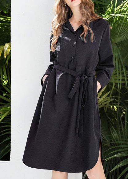 Fine Black Tie Waist Cotton Side Open Spring Dresses