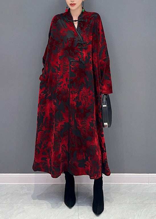 Red Stand Collar Print Patchwork Loose Velour Dresses Fall