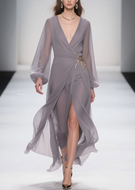 Grey Lace Up Front Open Chiffon Long Dress Spring