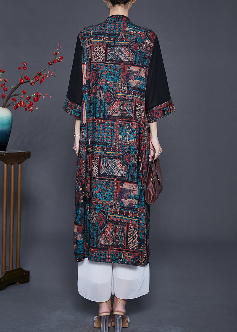 Black Mandarin Collar Patchwork Print Silk Cardigans Fall