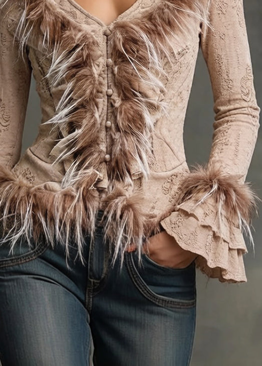 Khaki Button Fluffy Patchwork Cotton Blouses Hole