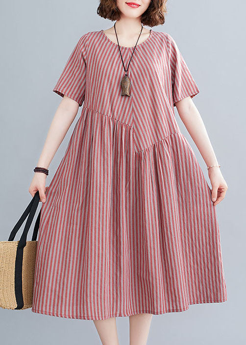 Red O-neck Wrinkled Striped Pockets Cotton Long Dress Short Sleeve