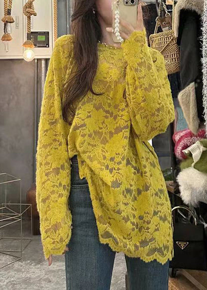Yellow O Neck Hollow Out Lace Top Long Sleeve
