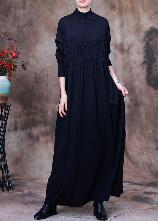 Fitted Black Wrinkled Turtle Neck Knit Holiday Dresses Spring