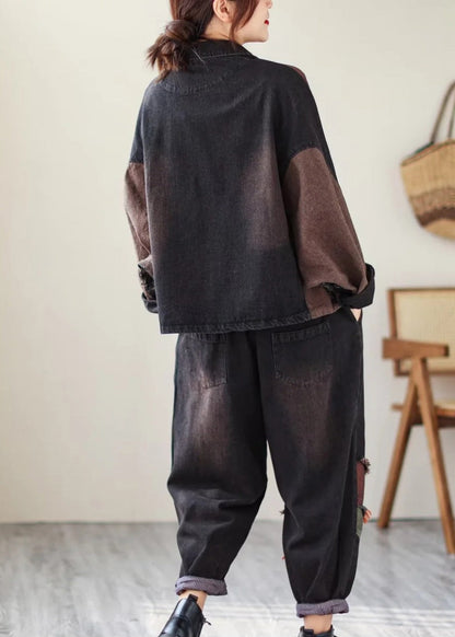 Black Print Patchwork Coats and Pants Denim Two Piece Suit Set Fall
