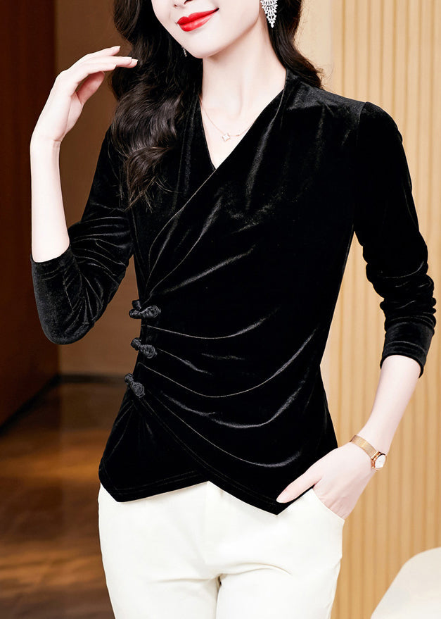 Black Wrinkled Button Silk Velour Tops Long Sleeve