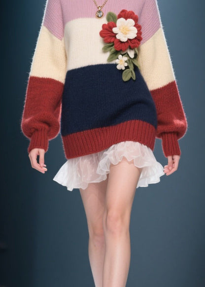 Colorblock O Neck Tulle Patchwork Knit Sweater Dress Fall
