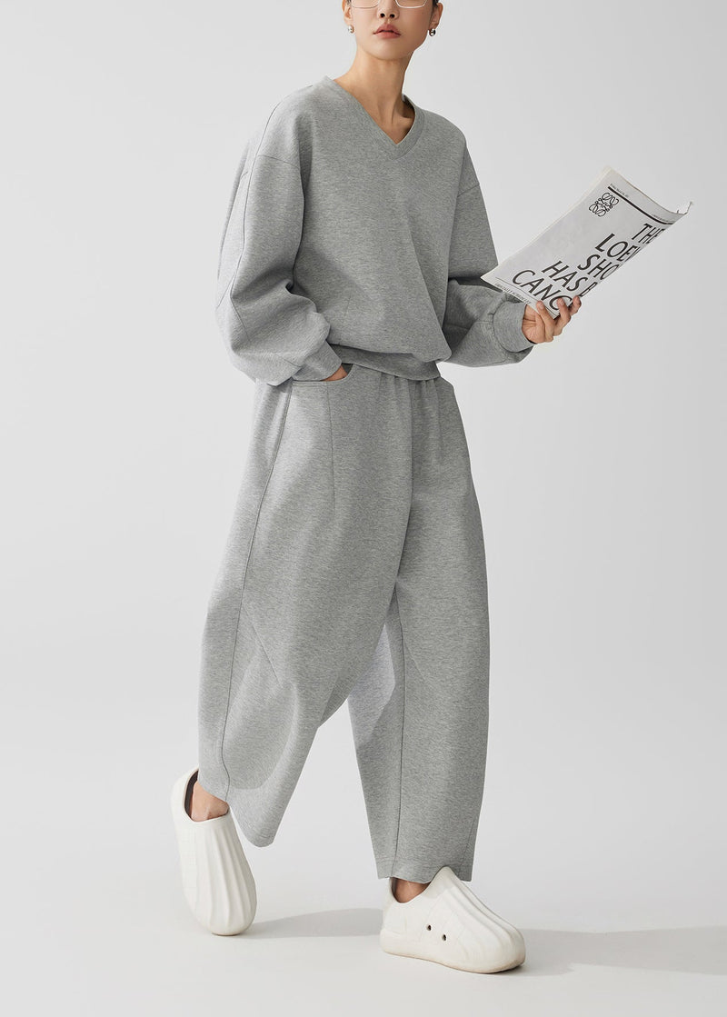 Grey Oversized Cotton Pullover Sweatshirt Two Piece Set Fall