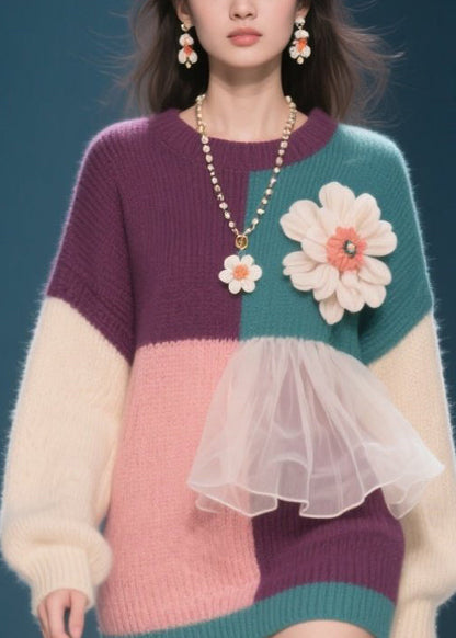 New Colorblock O Neck Tulle Patchwork Knit Pullover Fall