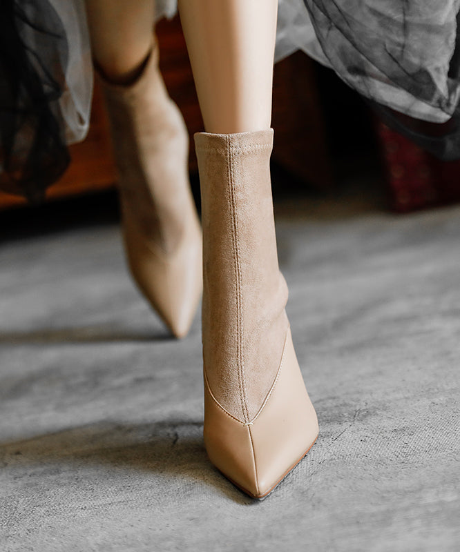 Splicing High Heel Boots Brown Cowhide Leather