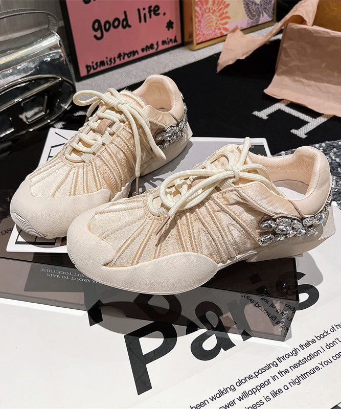 Pink Canvas Lace Up Zircon Splicing Flat Shoes for