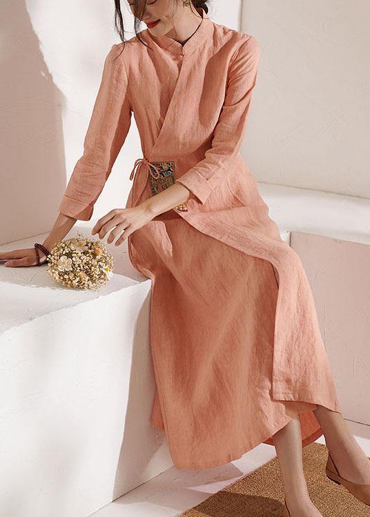 Unique Pink Embroideried Tie Waist Summer Linen Summer Dresses