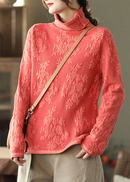 Orange Thick Knit Sweater Tops Jacquard Spring