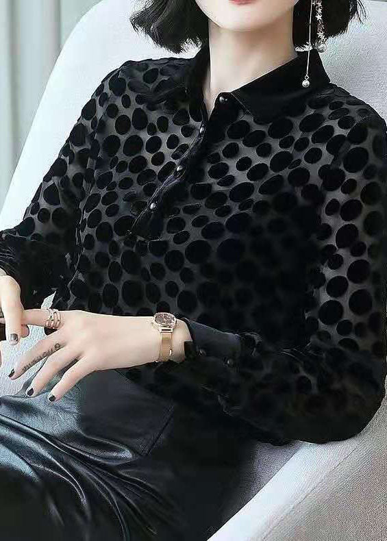 Black Peter Pan Collar Dot Hollow Out Silk Velour Shirt Tops Long Sleeve