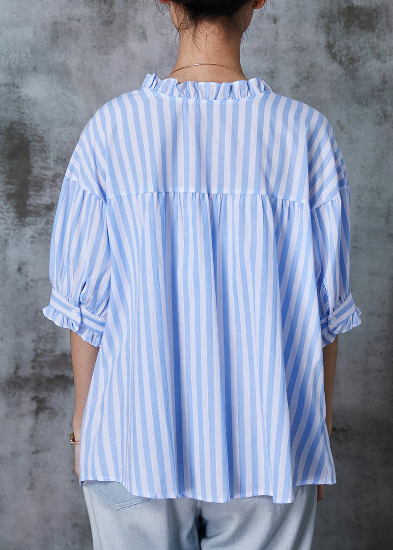 Blue Ruffled Striped Cotton Shirt Tops Half Sleeve