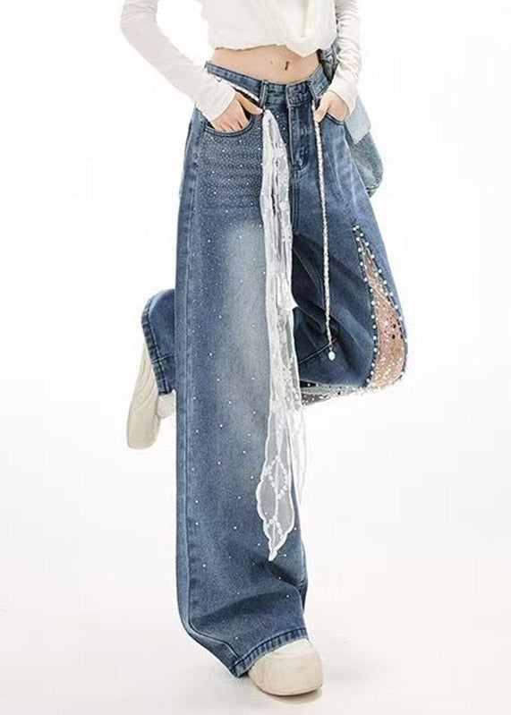 French Blue Pockets Lace Patchwork Zircon Jeans Spring