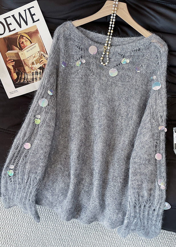 Grey Sequins Hollow Out Knitted Tops Fall