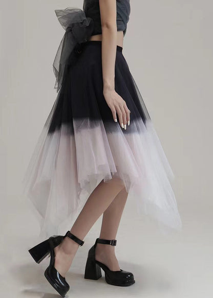 Pink Gradient Color Asymmetrical High Waist Tulle Skirt Summer