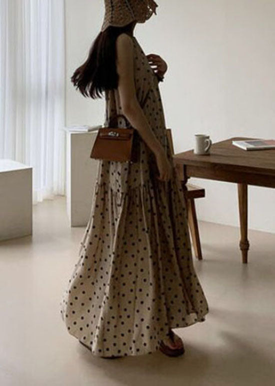 Khaki O Neck Patchwork Dot Print Cotton Dresses Summer