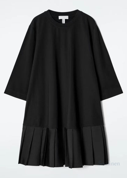 Black Oversized Patchwork Cotton Pleated Dress Bracelet Sleeve