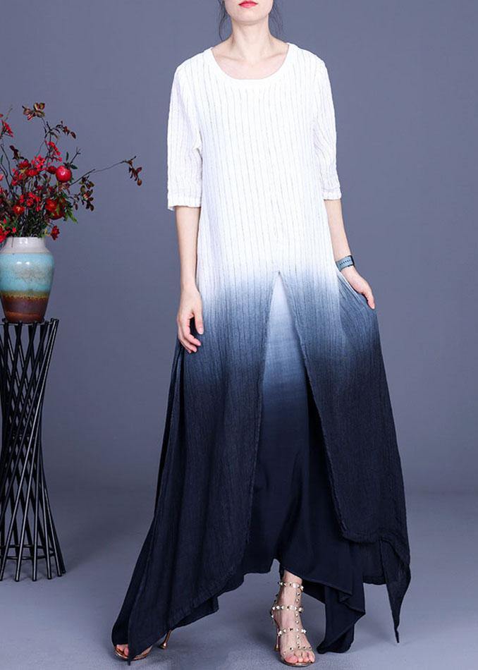 Striped Tie Dye Asymmetrical Design Cotton Linen Summer Dress