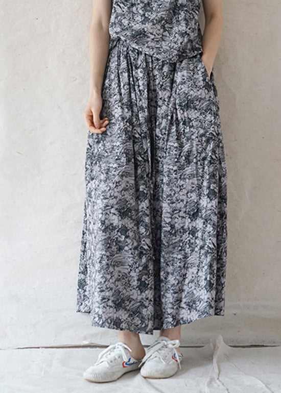 Grey Elastic Waist Drawstring Print Cotton Skirts Spring