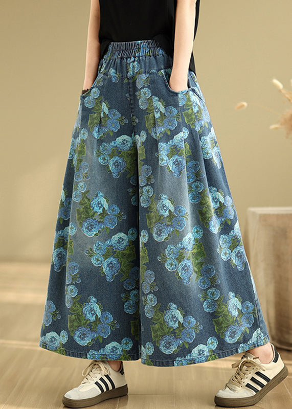 Blue Print Pockets Denim Drop Wide Leg Pants