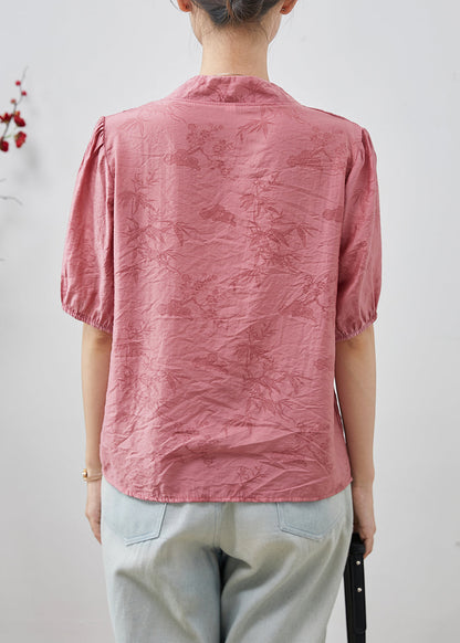 Pink Print Cotton Shirt Top V Neck Summer