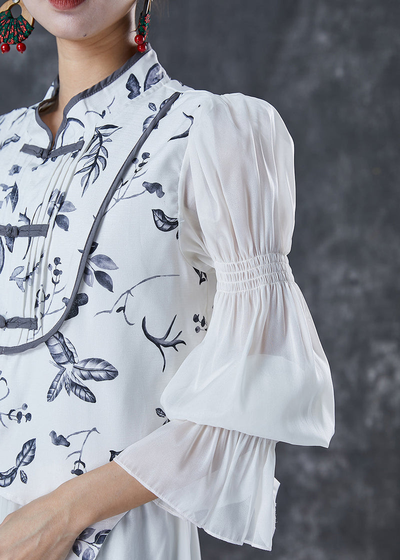 Silm Fit White Tasseled Print Chiffon Sets 2 Pieces Spring