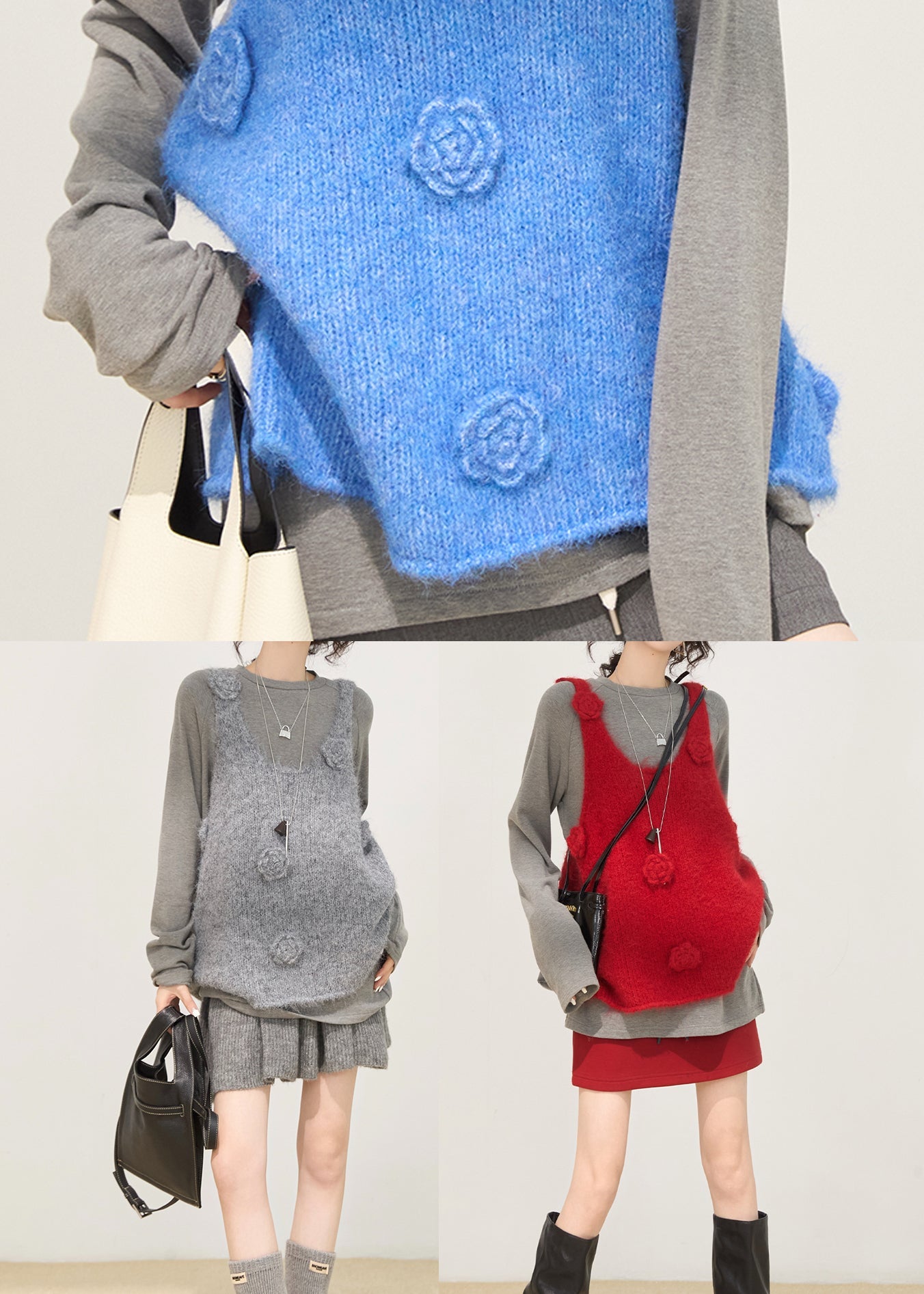 Fitted Red Decorated Knit Vests Winter