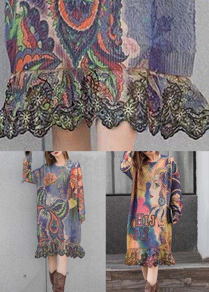 Loose Belle Print Patchwork Mink Velour Knit Dresses Spring