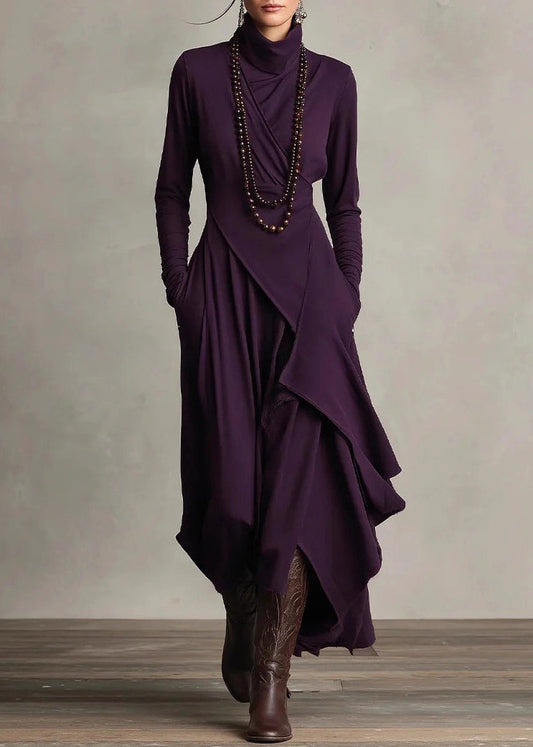 Original Design Purple Turtleneck Pockets Cotton Maxi Dress Spring