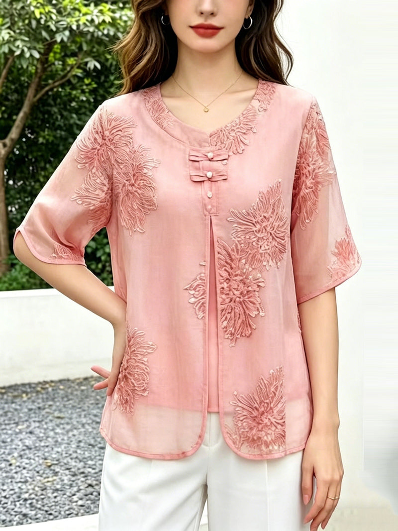 Pink Embroidered Chinese Button Silk Blouse Top Summer